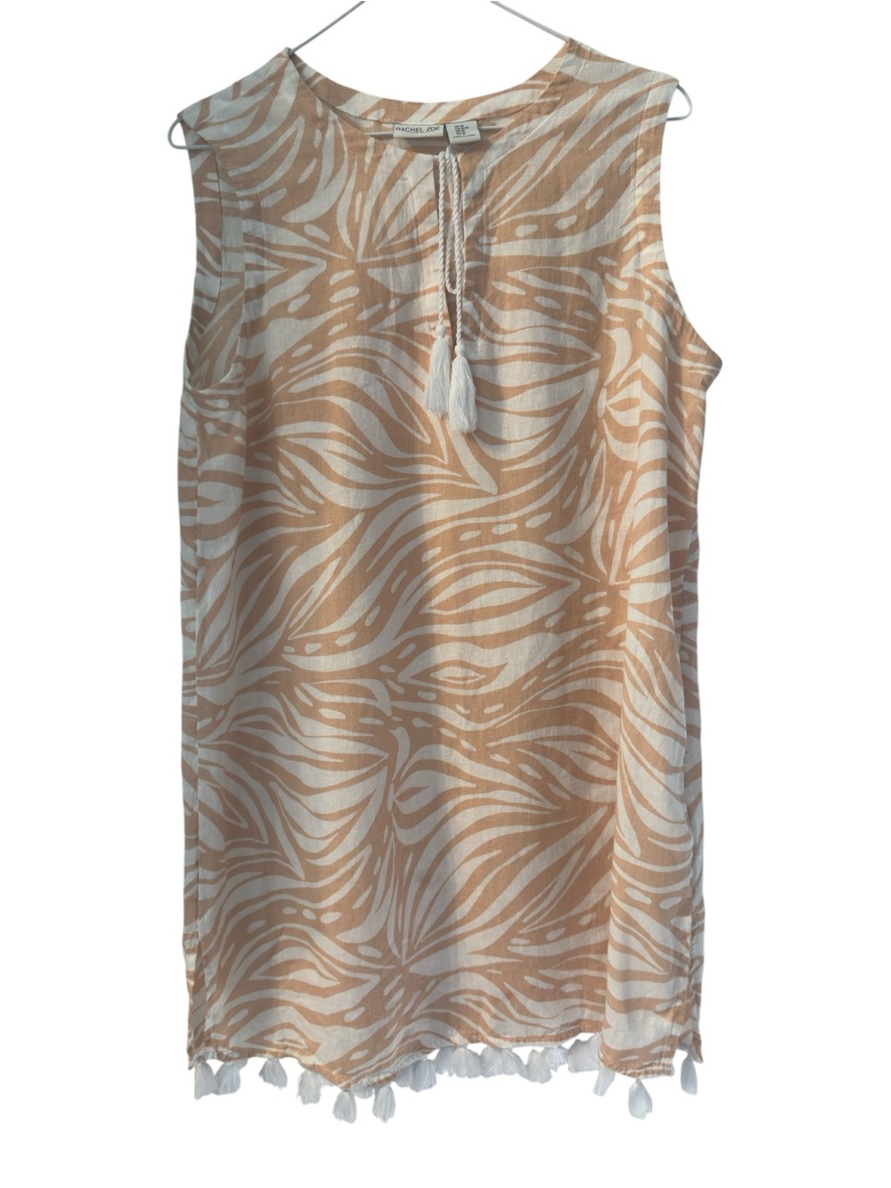 Rachel Zoe Tropical Abstract Wave Tassel Hem Boho Swim Cover Dress Medium Linen
